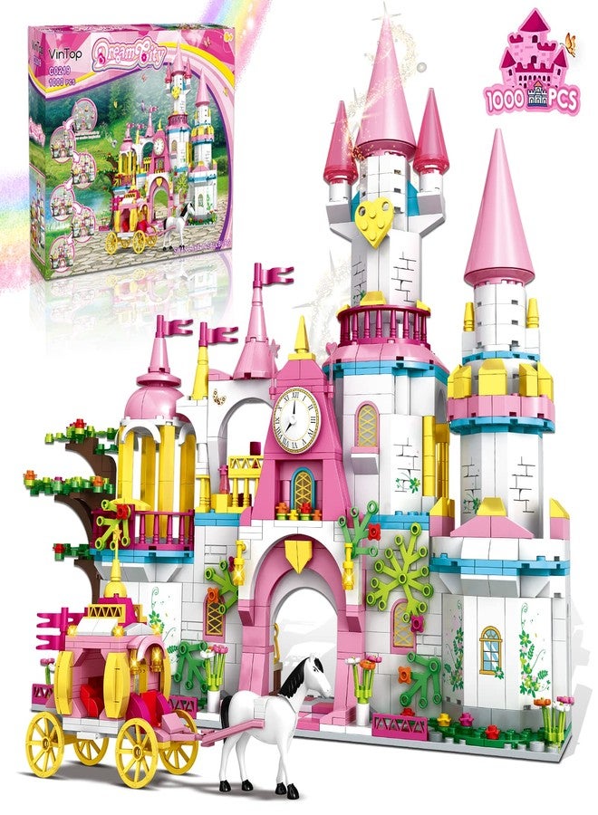 VINTOP Castle STEM Building Toys for Girls Ages 6 7 8 9 10 11 12 Years Old, VINTOP Building Sets for Girl Boys, 1000PCS Pink Princess Castle Carriage Playsets Creative Building Blocks Xmas Toy Gifts for Kids - Image 1